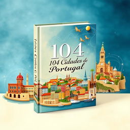 A captivating book cover design featuring 104 cities in Portugal, beautifully illustrated in a vibrant collage style