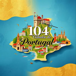 A captivating book cover design featuring 104 cities in Portugal, beautifully illustrated in a vibrant collage style