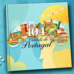A captivating book cover design featuring 104 cities in Portugal, beautifully illustrated in a vibrant collage style