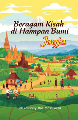 A stunning and vibrant landscape of Yogyakarta featuring iconic sites like Borobudur Temple and Prambanan Temple, seamlessly blended with the breathtaking natural scenery of Mount Merapi and lush green rice fields