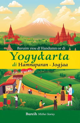 A stunning and vibrant landscape of Yogyakarta featuring iconic sites like Borobudur Temple and Prambanan Temple, seamlessly blended with the breathtaking natural scenery of Mount Merapi and lush green rice fields