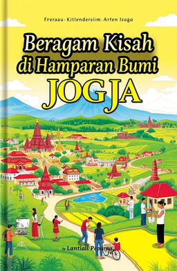 A stunning and vibrant landscape of Yogyakarta featuring iconic sites like Borobudur Temple and Prambanan Temple, seamlessly blended with the breathtaking natural scenery of Mount Merapi and lush green rice fields