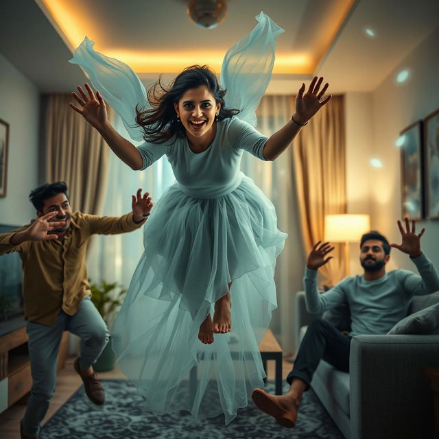 A cinematic horror comedy film poster featuring a very beautiful 30-year-old Indian modern ghost woman flying in the air in a sitting position, smiling playfully at three terrified 30-year-old Indian modern men inside a flat, who are trying to run away from her