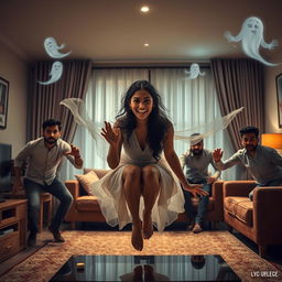 A cinematic horror comedy film poster featuring a very beautiful 30-year-old Indian modern ghost woman flying in the air in a sitting position, smiling playfully at three terrified 30-year-old Indian modern men inside a flat, who are trying to run away from her