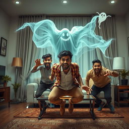 A cinematic horror comedy film poster featuring a very beautiful 30-year-old Indian modern ghost woman flying in the air in a sitting position, smiling playfully at three terrified 30-year-old Indian modern men inside a flat, who are trying to run away from her