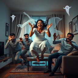 A cinematic horror comedy film poster featuring a very beautiful 30-year-old Indian modern ghost woman flying in the air in a sitting position, smiling playfully at three terrified 30-year-old Indian modern men inside a flat, who are trying to run away from her