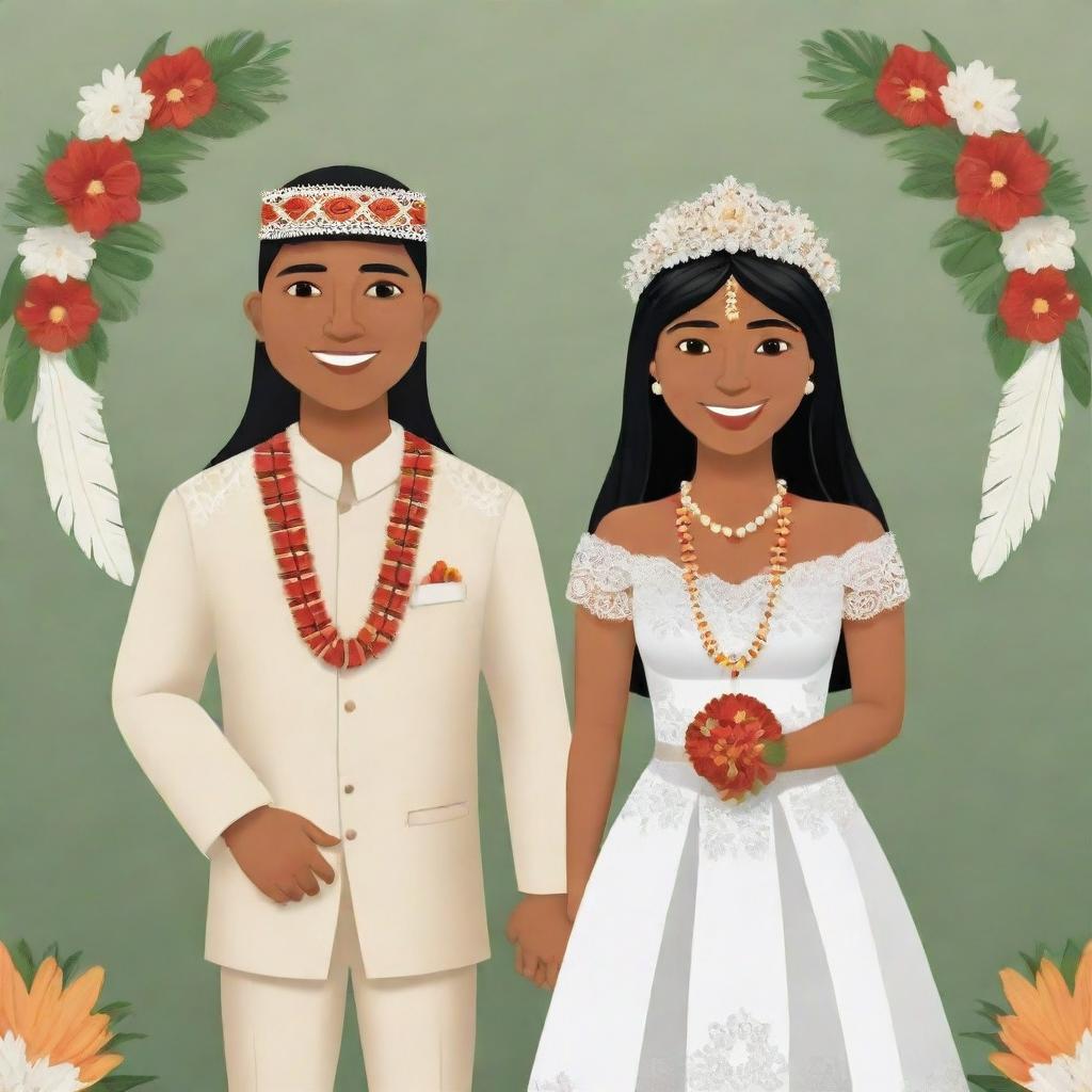 A cartoon of a handsome indigenous man and woman getting married, both adorned in traditional wedding attire.