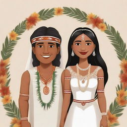 A cartoon of a handsome indigenous man and woman getting married, both adorned in traditional wedding attire.