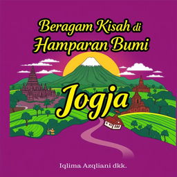 A captivating landscape of Yogyakarta showcasing iconic landmarks such as Borobudur Temple and Prambanan Temple, harmoniously integrated with the beautiful natural scenery of Mount Merapi and vibrant green rice fields