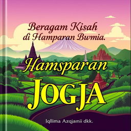 A captivating landscape of Yogyakarta showcasing iconic landmarks such as Borobudur Temple and Prambanan Temple, harmoniously integrated with the beautiful natural scenery of Mount Merapi and vibrant green rice fields