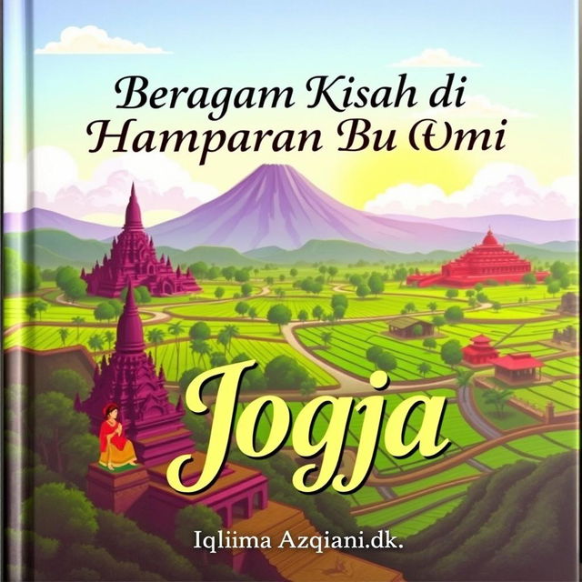 A captivating landscape of Yogyakarta showcasing iconic landmarks such as Borobudur Temple and Prambanan Temple, harmoniously integrated with the beautiful natural scenery of Mount Merapi and vibrant green rice fields