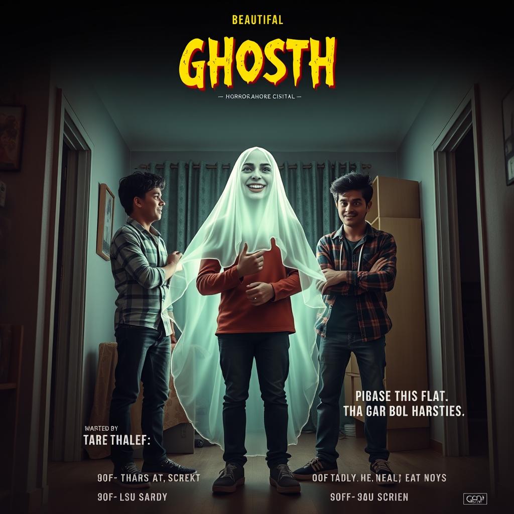 A horror comedy cinematic film poster featuring a very beautiful 30 year old Indian modern ghost girl, ethereal and glowing, smiling mischievously at three 30 year old Indian modern boys who are visibly scared