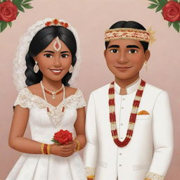 A cartoon of a handsome indigenous man and woman getting married, both adorned in traditional wedding attire.