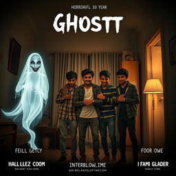 A horror comedy cinematic film poster featuring a very beautiful 30 year old Indian modern ghost girl, ethereal and glowing, smiling mischievously at three 30 year old Indian modern boys who are visibly scared