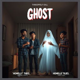 A horror comedy cinematic film poster featuring a very beautiful 30 year old Indian modern ghost girl, ethereal and glowing, smiling mischievously at three 30 year old Indian modern boys who are visibly scared