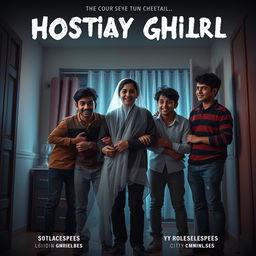 A horror comedy cinematic film poster featuring a very beautiful 30 year old Indian modern ghost girl, ethereal and glowing, smiling mischievously at three 30 year old Indian modern boys who are visibly scared