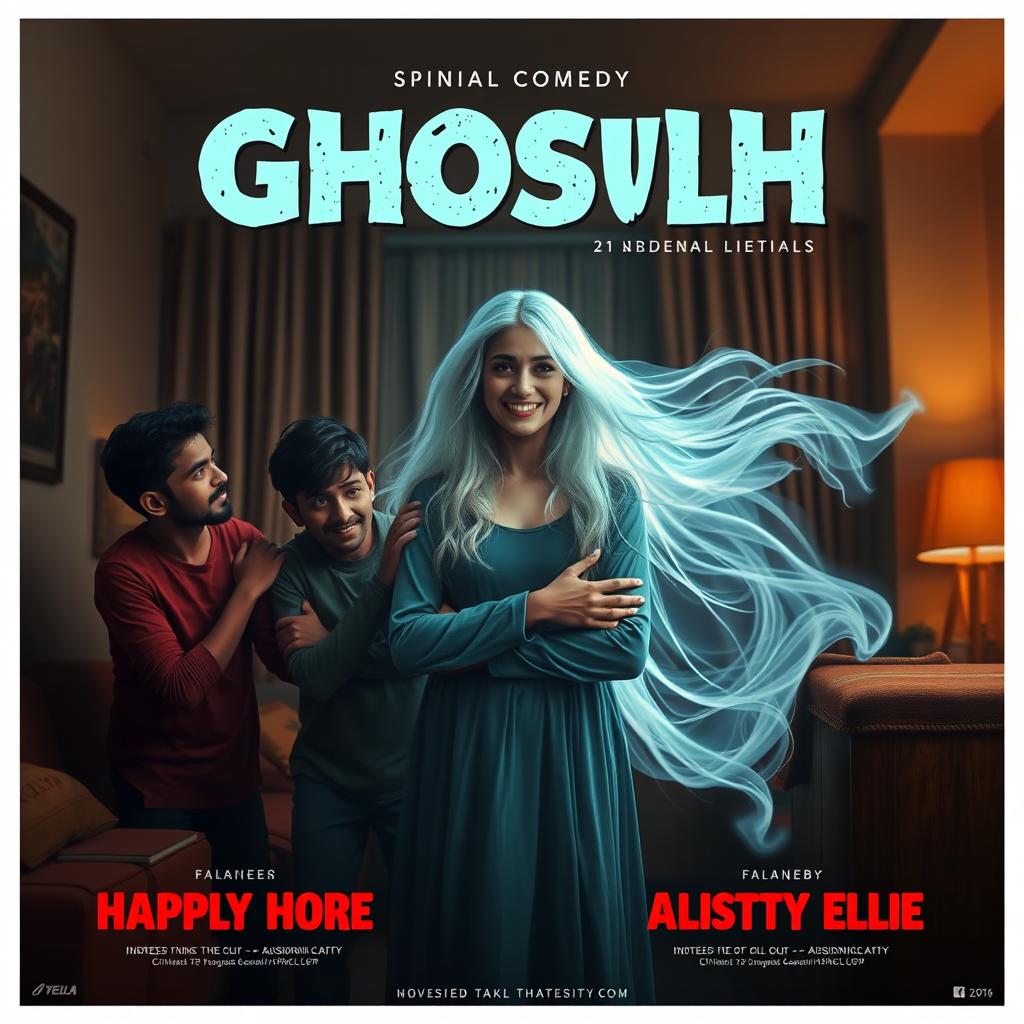 A horror comedy cinematic film poster featuring a stunningly beautiful 30 year old Indian modern ghost girl with long flowing hair and a playful smile, surrounded by an ethereal glow