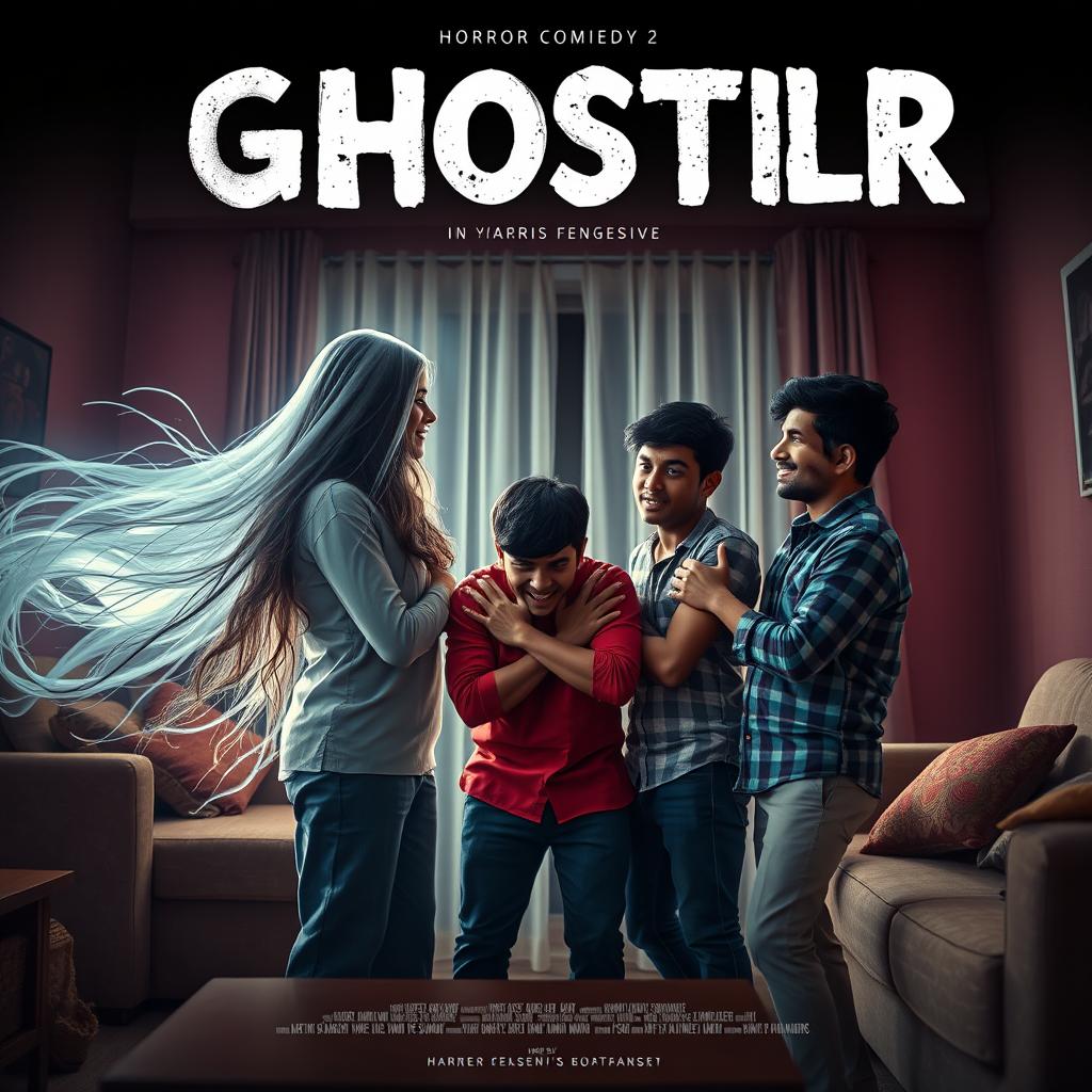 A horror comedy cinematic film poster featuring a stunningly beautiful 30 year old Indian modern ghost girl with long flowing hair and a playful smile, surrounded by an ethereal glow