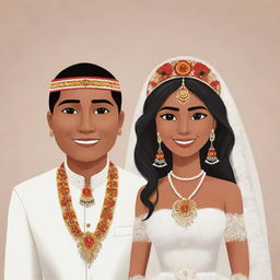 A cartoon of a handsome indigenous man and woman getting married, both adorned in traditional wedding attire.