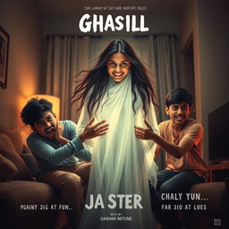 A horror comedy cinematic film poster featuring a stunningly beautiful 30 year old Indian modern ghost girl with long flowing hair and a playful smile, surrounded by an ethereal glow