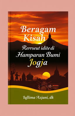 A book cover design featuring a beautiful sunset landscape of Yogyakarta, showcasing either the iconic Borobudur Temple or Mount Merapi with warm, vibrant colors in the sky