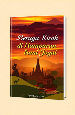 A book cover design featuring a beautiful sunset landscape of Yogyakarta, showcasing either the iconic Borobudur Temple or Mount Merapi with warm, vibrant colors in the sky