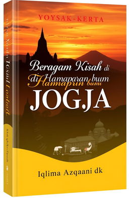 A book cover design featuring a beautiful sunset landscape of Yogyakarta, showcasing either the iconic Borobudur Temple or Mount Merapi with warm, vibrant colors in the sky