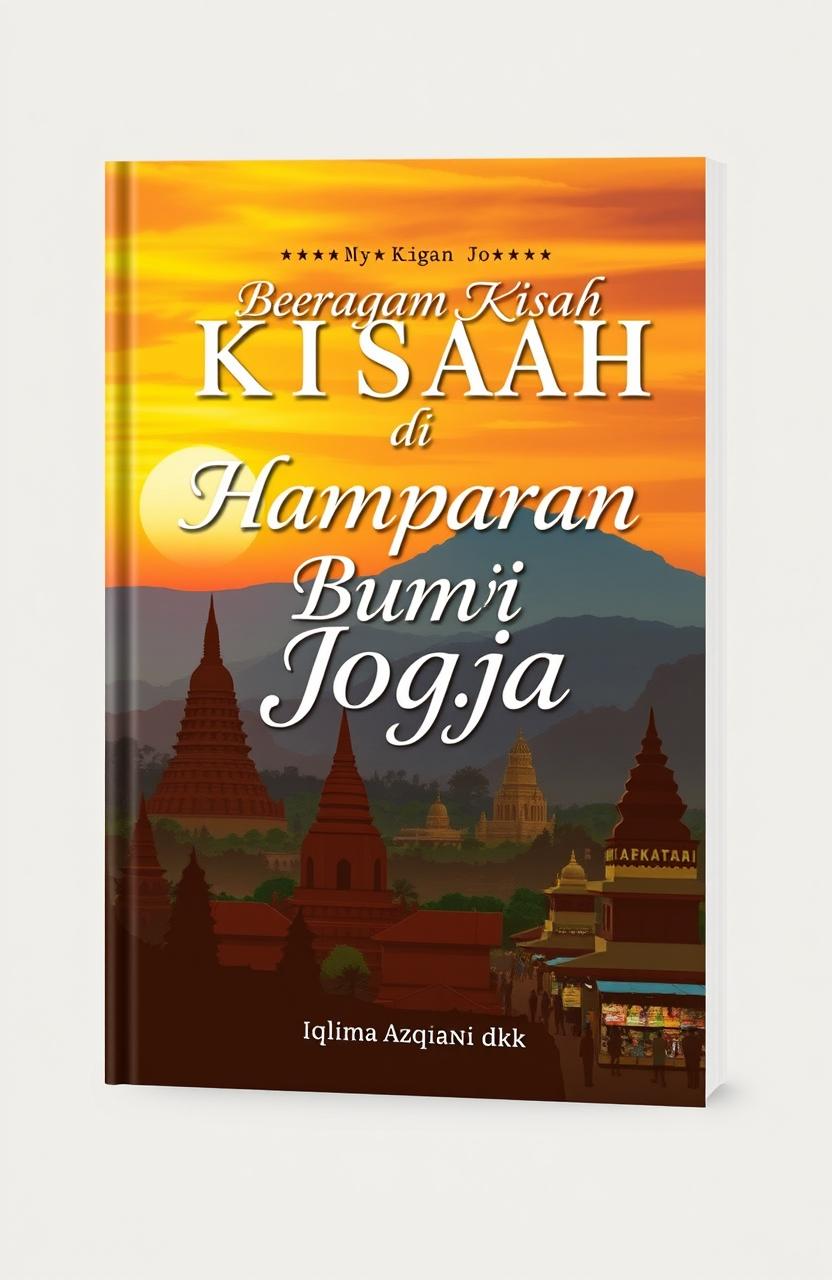 A book cover design featuring a beautiful sunset landscape of Yogyakarta, showcasing either the iconic Borobudur Temple or Mount Merapi with warm, vibrant colors in the sky