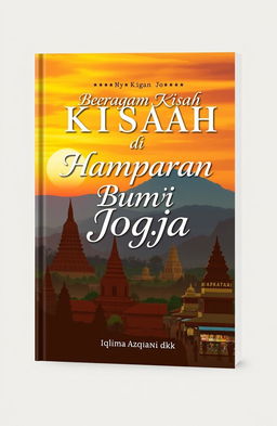 A book cover design featuring a beautiful sunset landscape of Yogyakarta, showcasing either the iconic Borobudur Temple or Mount Merapi with warm, vibrant colors in the sky