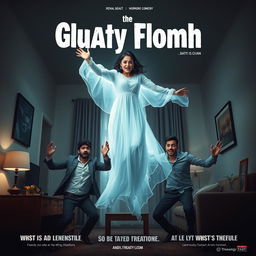 A cinematic horror comedy film poster featuring a very beautiful 30 year old Indian modern ghost woman gracefully floating in mid-air within a flat, exuding an ethereal glow