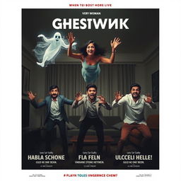 A cinematic horror comedy film poster featuring a very beautiful 30 year old Indian modern ghost woman gracefully floating in mid-air within a flat, exuding an ethereal glow