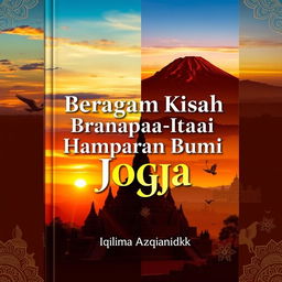 A book cover design featuring a stunning sunset landscape of Yogyakarta, highlighting either the majestic Borobudur Temple or the majestic Mount Merapi, with warm, inviting colors filling the sky