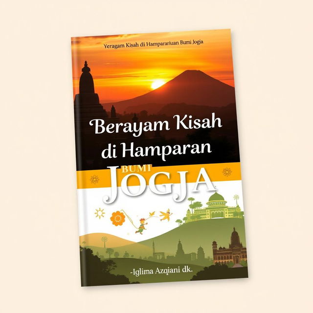 A book cover design featuring a stunning sunset landscape of Yogyakarta, highlighting either the majestic Borobudur Temple or the majestic Mount Merapi, with warm, inviting colors filling the sky