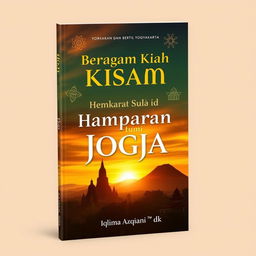 A book cover design featuring a stunning sunset landscape of Yogyakarta, highlighting either the majestic Borobudur Temple or the majestic Mount Merapi, with warm, inviting colors filling the sky