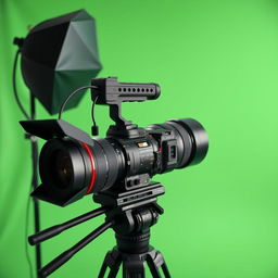 A professional studio camera set up on a green chroma key background, featuring high-end photographic equipment, softbox lighting, and a sleek tripod