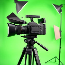 A professional studio camera set up on a green chroma key background, featuring high-end photographic equipment, softbox lighting, and a sleek tripod