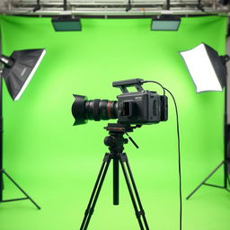 A professional studio camera set up on a green chroma key background, featuring high-end photographic equipment, softbox lighting, and a sleek tripod