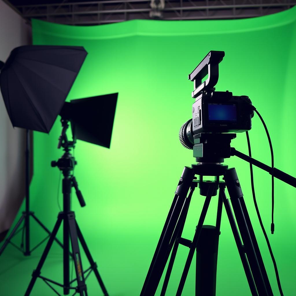 A professional studio camera set up on a green chroma key background, featuring high-end photographic equipment, softbox lighting, and a sleek tripod