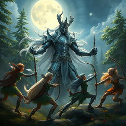 An epic fantasy scene showing a powerful Moon God, known as Fada da Lua, standing tall amidst an enchanted forest, engaging in a fierce battle against a group of elusive elves