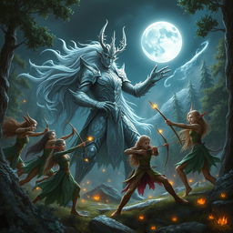 An epic fantasy scene showing a powerful Moon God, known as Fada da Lua, standing tall amidst an enchanted forest, engaging in a fierce battle against a group of elusive elves