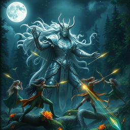 An epic fantasy scene showing a powerful Moon God, known as Fada da Lua, standing tall amidst an enchanted forest, engaging in a fierce battle against a group of elusive elves