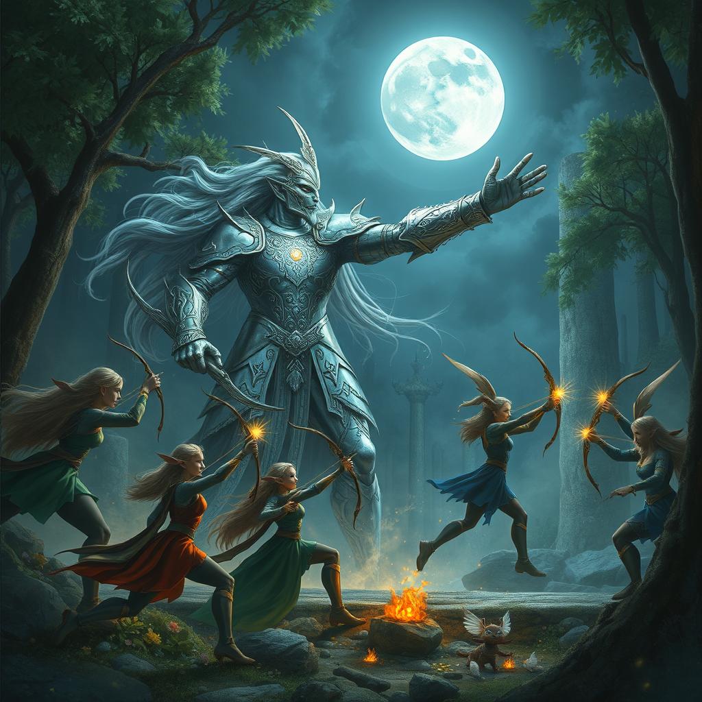 An epic fantasy scene showing a powerful Moon God, known as Fada da Lua, standing tall amidst an enchanted forest, engaging in a fierce battle against a group of elusive elves