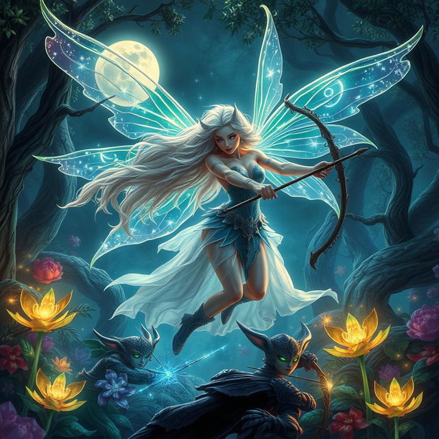 A beautiful female fairy from the moon, dressed in ethereal attire with shimmering wings, engaged in a fierce battle against a group of elves