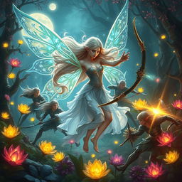 A beautiful female fairy from the moon, dressed in ethereal attire with shimmering wings, engaged in a fierce battle against a group of elves