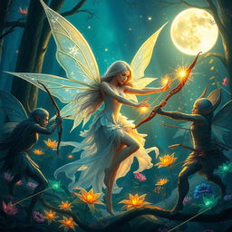 A beautiful female fairy from the moon, dressed in ethereal attire with shimmering wings, engaged in a fierce battle against a group of elves