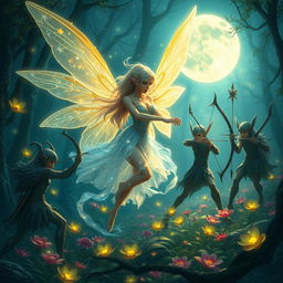 A beautiful female fairy from the moon, dressed in ethereal attire with shimmering wings, engaged in a fierce battle against a group of elves