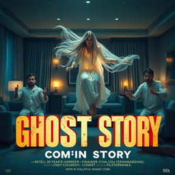 A cinematic horror comedy film poster featuring a very beautiful 30-year-old Indian modern ghost woman with long flowing hair, dressed in a translucent, ethereal gown, sitting and floating in the air inside a stylish, contemporary flat