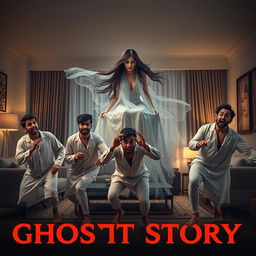 A cinematic horror comedy film poster featuring a very beautiful 30-year-old Indian modern ghost woman with long flowing hair, dressed in a translucent, ethereal gown, sitting and floating in the air inside a stylish, contemporary flat