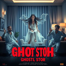 A cinematic horror comedy film poster featuring a very beautiful 30-year-old Indian modern ghost woman with long flowing hair, dressed in a translucent, ethereal gown, sitting and floating in the air inside a stylish, contemporary flat