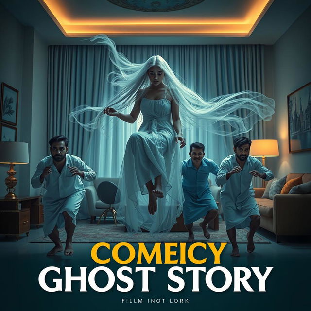 A cinematic horror comedy film poster featuring a very beautiful 30-year-old Indian modern ghost woman with long flowing hair, dressed in a translucent, ethereal gown, sitting and floating in the air inside a stylish, contemporary flat